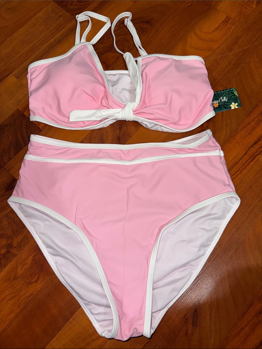 Pink High-Waist Bikini Set with White Trim NWT Blooming Jelly M